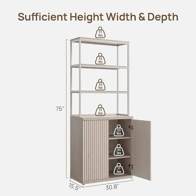 SICOTAS Book Shelf Fluted Bookshelf Cabinet - 75" Tall Bookcase 6 Tier Large Bookshelves with Door Storage Modern Triple Wide Book Shelves Case for Living Room Office Library, Metal Frame, White Alder