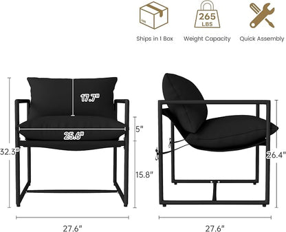 Kromax Sling Accent Chair, Cozy Living Room Chairs, Square Metal Frame, Upholstered Soft Cushion, Sponge, 28" x28“x32, Easy Assembly, Black