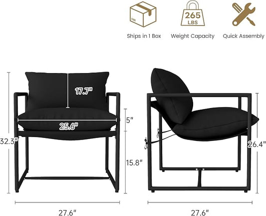 Kromax Sling Accent Chair, Cozy Living Room Chairs, Square Metal Frame, Upholstered Soft Cushion, Sponge, 28" x28“x32, Easy Assembly, Black