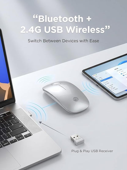 RAPIQUE R306 Wireless Mouse, Bluetooth 5.1 & 2.4GHz Dual Mode Silent Mouse, Silver Gloss Top with White Matte Base, Slim Portable Mouse for Laptop, MacBook,Tablet, Chromebook (Silvery)