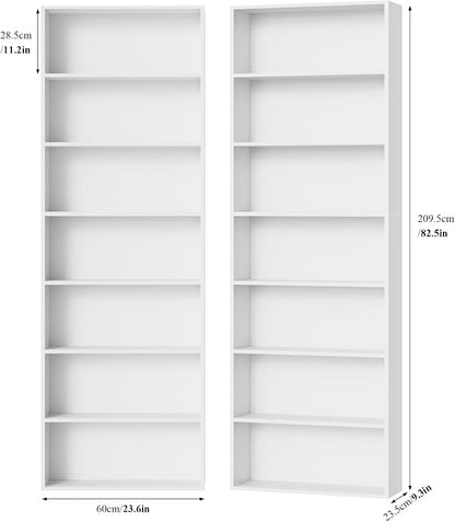 FACBOTALL 82" Tall Bookshelf Set of 2, 7-Tier Double Open Shelves Bookcase,Freestanding Display Storage Shelves, Tall Bookcase Home Decor Furniture for Home Office,Living Room,Bedroom, White