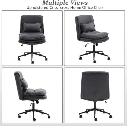 VINGLI Cloud Criss Cross Legged Chair,18" High Back Armless Home Office Desk Chair with Wheels,Wide Adjustable Comfy Padded Seat Task Computer Chair,Modern Swivel Makeup Vanity Chair,Microfiber,Grey