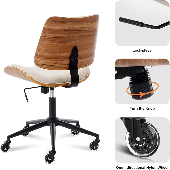 BV Armless Office Chair with Rubber Wheels, 360° Swivel Adjustable Task Chair, PU Leather Rolling Desk Chair for Home Office, Study and Conference Room, Beige