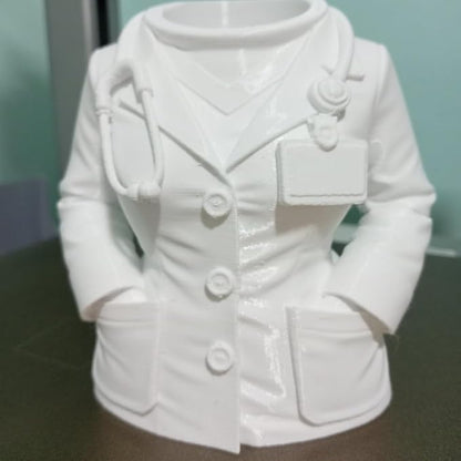 3D Printed Doctor Coat Pen Holder - Realistic Medical Desk Organizer with Stethoscope, White Doctor Sculpture Pen Cup for Office, Nurse, Medical Student Gift 4.8"x2.83"x4.72" (Female Doctor Style 2)