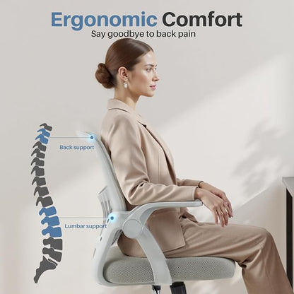 DUMOS Home Office Computer Chair - Ergonomic Mid Back Desk with Lumbar Support and Rocking Mode, Height Adjustable with Flip-up Armrest, for Conference Meeting Room, 360° Swivel, Adults, Grey