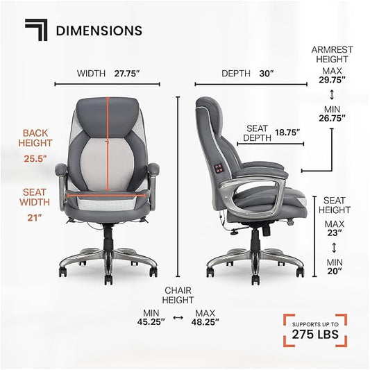 Sharper Image S-600 Active Lumbar Heated Ergonomic Bonded Leather Swivel Executive Massage Chair, Gray (60098-GRY)