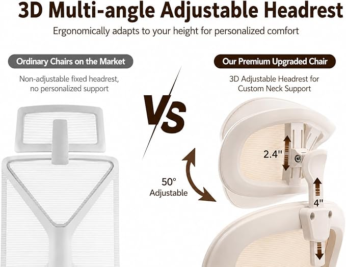 Ergonomic Office Chair with Adjustable Headrest & Lumbar Support, High Back Mesh Desk Chair, 330 LBS Capacity Swivel Computer Chair with Flip-Up Arms, Home Office Gaming Chair (Beige)