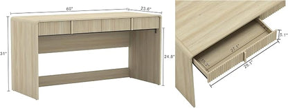 Manhattan Comfort Novara Modern 60" Writing Desk with 2 Smooth-Glide Drawers with Fluted Fronts, Office Desk with Large Work Surface, Stylish Rounded Edges, Whitewashed Oak