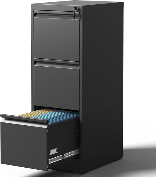 3 Drawer File Cabinet with Lock, Metal Vertical Filing Cabinets for Home Office, Steel Storage Cabinet for Hanging Legal/Letter Size Files, Assembly Required (Black)