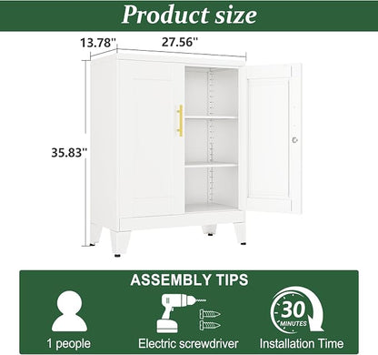 White Metal Storage Cabinet, 36" Tall Locking Storage Cabinet with 2 Adjustable Shelves, Steel Locker Organizer, for Office, Home, School