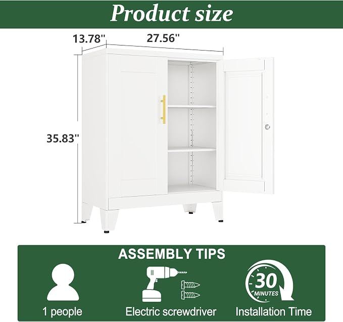 White Metal Storage Cabinet, 36" Tall Locking Storage Cabinet with 2 Adjustable Shelves, Steel Locker Organizer, for Office, Home, School, 2PS