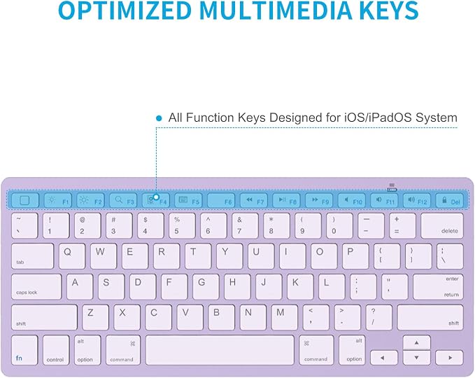 OMOTON Ultra-Slim Bluetooth Keyboard for iPad 11th/10th/9th/8th/7th, iPad Pro/Air/Mini and iPhone Series, Wireless iOS Keyboard with 12 Multimedia Keys for Office, Home, Travel, School, Purple