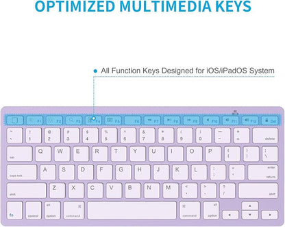 OMOTON Ultra-Slim Bluetooth Keyboard for iPad 11th/10th/9th/8th/7th, iPad Pro/Air/Mini and iPhone Series, Wireless iOS Keyboard with 12 Multimedia Keys for Office, Home, Travel, School, Purple