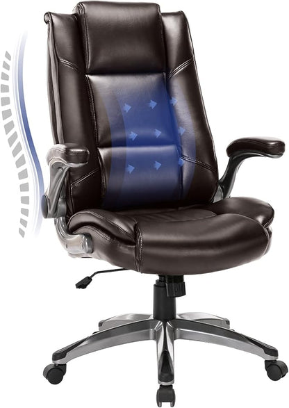 COLAMY Leather Executive Office Chair - High Back Ergonomic Home Computer Desk Chair with Padded Flip-up Arms, Adjustable Tilt Lock, Swivel Rolling Chair for Adult Working Study, Brown