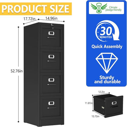 GAIOUS Metal Vertical File Cabinet with Lock, Home Office 4 Drawer Cabinet | 4 Drawer Filing Cabinet, Beside Desk File Cabinet, Black Lockable Storage Cabinet, Fits Letter/Legal/A4 Size