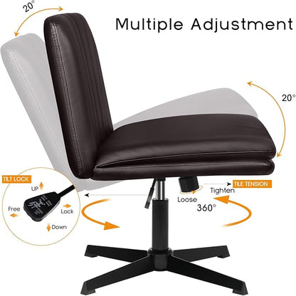 PUKAMI Criss Cross Chair,Comfy Cross Legged Office Desk Chair No Wheels,Modern Fabric Swivel Adjustable Height Mid Back Wide Seat for Home Office Computer (Pu Brown)