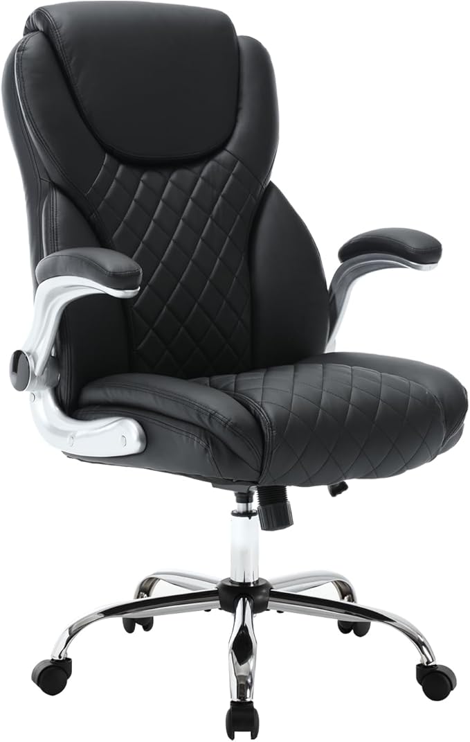 Big and Tall Office Chair 400lbs, High Back Ergonomic Desk Chair with Lumbar Support, Heavy Duty PU Leather Executive Computer Chair with Flip-up Arms, Rocking Swivel Task Chair for Home Office Black
