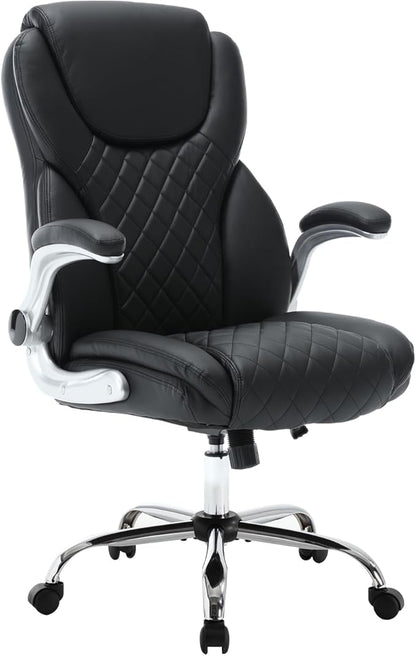 Big and Tall Office Chair 400lbs, High Back Ergonomic Desk Chair with Lumbar Support, Heavy Duty PU Leather Executive Computer Chair with Flip-up Arms, Rocking Swivel Task Chair for Home Office Black