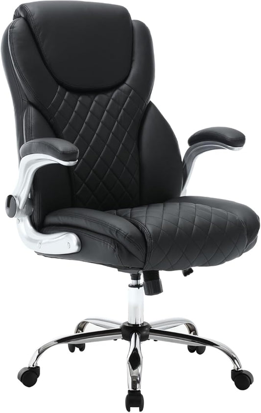 Big and Tall Office Chair 400lbs, High Back Ergonomic Desk Chair with Lumbar Support, Heavy Duty PU Leather Executive Computer Chair with Flip-up Arms, Rocking Swivel Task Chair for Home Office Black
