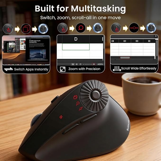 SABLUTE MAM51 Ergonomic Mouse Wireless with Side Scroll Wheel, Bluetooth Mouse with 4000 DPI, 8 Buttons Office Wireless Computer Mouse, Small to Medium Sized Hands Vertical Mice for PC and Desktop