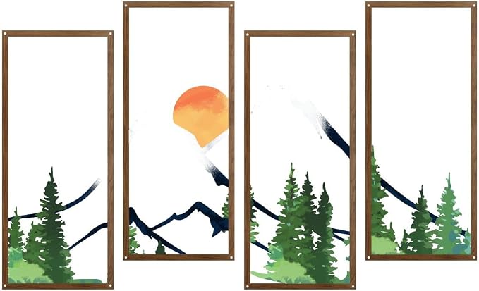 ruelen 4 Pcs Metal Sunset Mountain Forest Wall Decor, Abstract Minimalist Line Drawing Large Colorful Mountains Wall Art Home Decor for Living Room Bathroom Bedroom Office Indoor And Outdoor (Large)