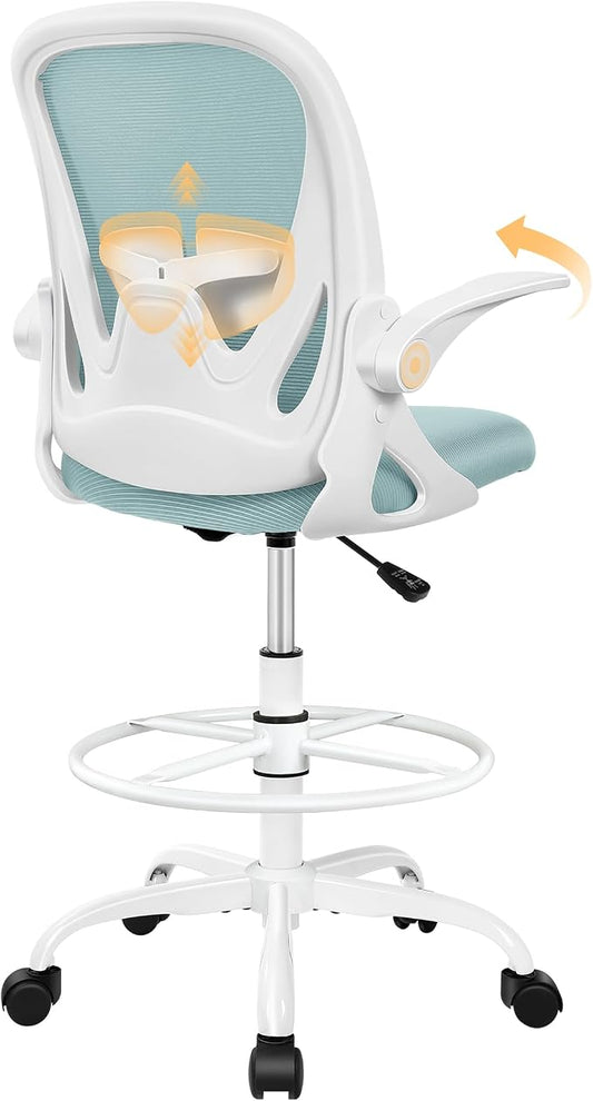 Primy Drafting Chair Tall Office Chair with Flip-up Armrests Executive Ergonomic Computer Standing Desk Chair with Lumbar Support and Adjustable Footrest Ring（Light Blue）
