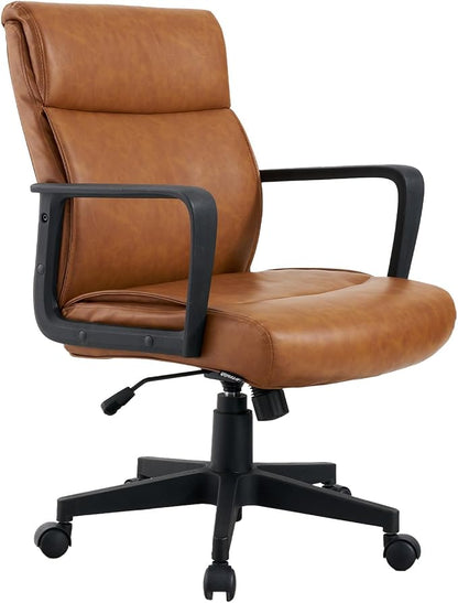 Artswish Brown Leather Office Chair, Mid-Back Ergonomic Computer Chair with Wheels Arms, 360° Swivel Adjustable Task Chair with Rolling Casters for Home Office, Bedroom, Study
