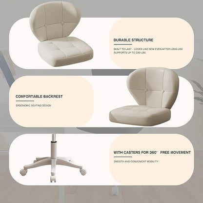 Small Office Chair with Lumbar Support, PU Leather Armless Swivel Desk Chair Adjustable Height, Compact Rolling Chair for Home Office, Bedroom, Study 1White