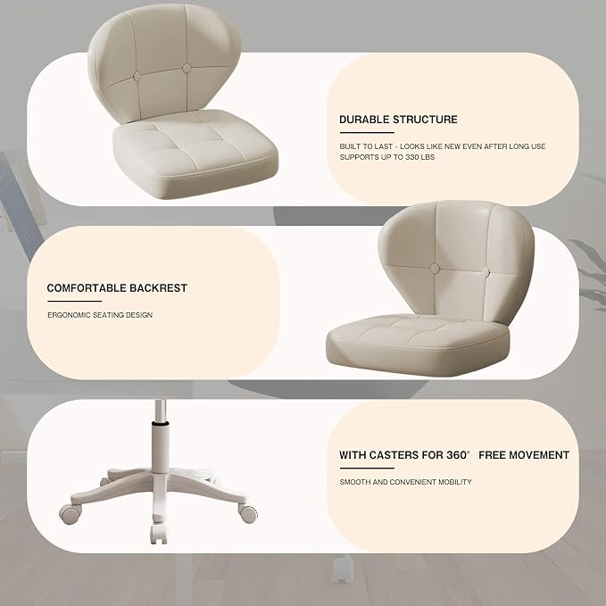 Small Office Chair with Lumbar Support, PU Leather Armless Swivel Desk Chair Adjustable Height, Compact Rolling Chair for Home Office, Bedroom, Study （White Set of 2）
