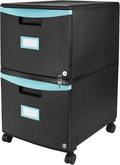Storex Plastic Two-Drawer Mobile Pedestal File Cabinet – Locking Document Organizer with Casters for Home and Office, Black, 1-Pack (61315C01C)