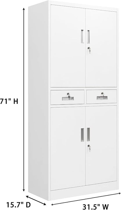 CMY Metal Storage Cabinet, 71" H x 32" W x 16" D Locking Cabinet with Adjustable Shelves and 2 Drawers, Steel Storage Cabinet for Office, Garage, Home, School, Utility Room-White