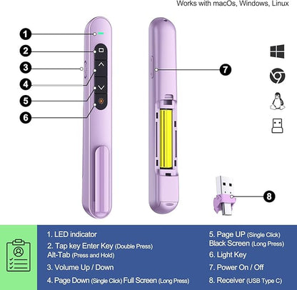 QUI Presentation Clicker with Volume Control, 2.4GHz USB Wireless Presenter Remote, PowerPoint Clicker Slide Advancer Compatible with Mac, Windows, Google Slides, Keynote