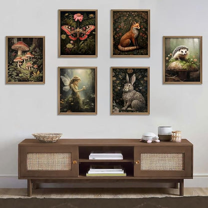 Dark Cottagecore Room Decor Aesthetic, Cottagecore Core Wall Decor, Forest Botanical Wall Art Canvas Prints, Fairycore Decor, Nature Mushroom Posters Vintage Animal Pictures for Bedroom, UNFRAMED