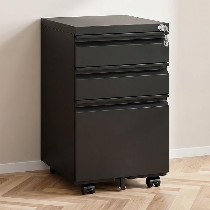 3 Drawer File Cabinet with Lock,Rolling Mobile File Cabinet with Wheels for Home Office,Under Desk Metal Filing Cabinet,Office Storage Organizer,Fully Assembled,Black