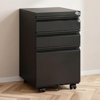 3 Drawer File Cabinet with Lock,Rolling Mobile File Cabinet with Wheels for Home Office,Under Desk Metal Filing Cabinet,Office Storage Organizer,Fully Assembled,Black