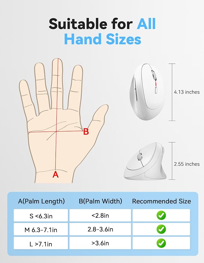 TECKNET Wireless Mouse, 5 Adjustable DPI Levels, 6 Buttons, 4800 DPI Wireless Vertical Mouse, 2.4G Silent Wireless Mouse for Laptop, PC, Chromebook, Mac - Light White