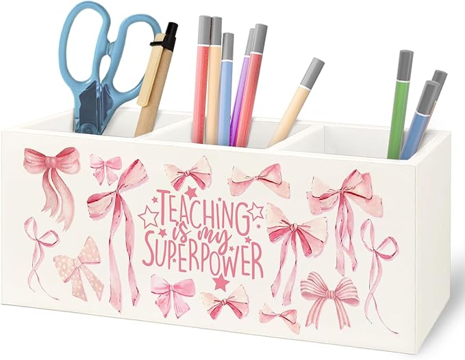 Teacher Appreciation Gifts Wooden Pen Pencil Holder for Office Desk, Back to School Gifts for Teacher, Coquette Pink Preppy Teaching is My Superpower Makeup Brush Toothbrush Holder Organizer