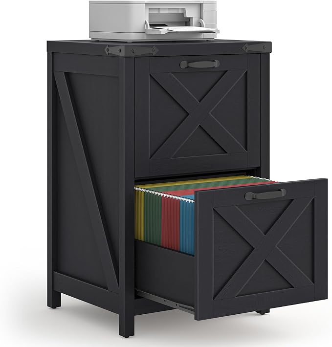 Halitaa 2 Drawer Small File Cabinet, Farmhouse Vertical Filing Cabinet Fits Letter and A4 Size, Under Desk Wooden File Cabinets for Home Office, Printer Stand, Black