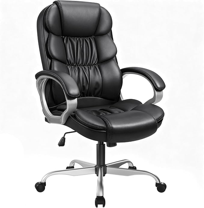 GUNJI Office Chair PU Leather High Back Executive Chair Ergonomic Computer Chair, Modern Adjustable Home Desk Chair Swivel Managerial Chair with Padded Armrests and Lumbar Support (Black)