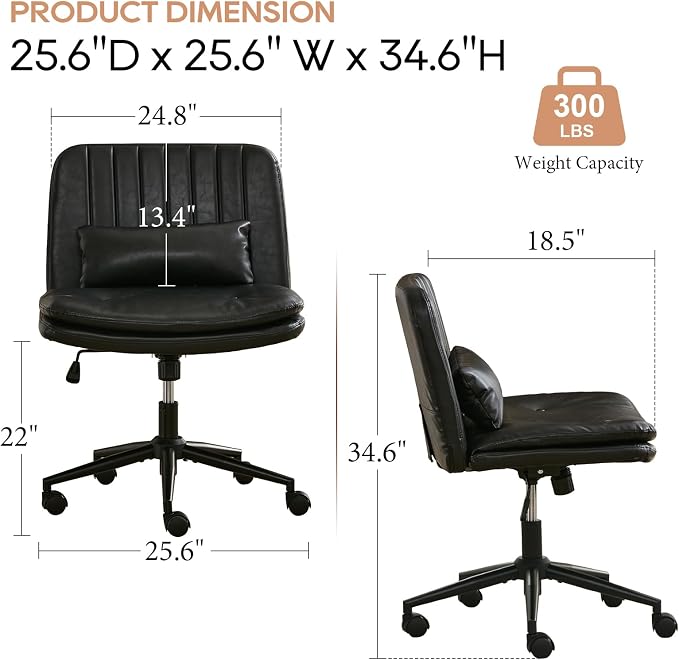 IPKIG Criss Cross Chair, Small Armless Desk Office Computer Chair with Wheels and Lumbar Pillow, Comfy Adjustable Swivel Task Vanity Chair, PU Leather, Glossy Black