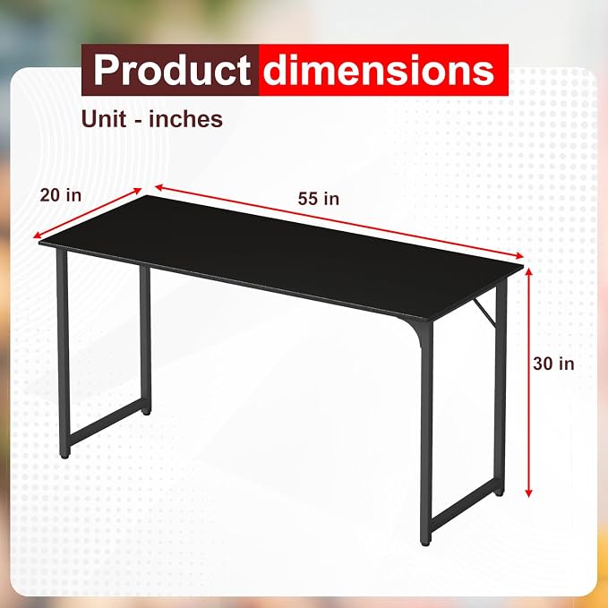 PayLessHere | 55 Inch Computer Desk | Black | Office Desk with Metal Frame, Adjustable Feet | Water-Resistant, Scratchproof Surface | Sturdy Writing Table for Home Office or Study | Pack of 1
