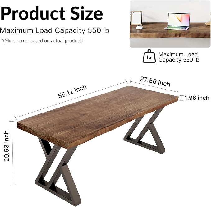 Solid Wood Desk 55 inches, Home Office Computer Desk Wooden Rustic Writing Desk Metal Modern Simple Design Executive Real Wood Desk(Rustic Brown)