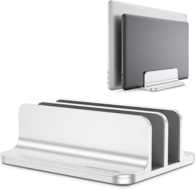 OMOTON Vertical Laptop Stand [Updated Double Version], Desktop Aluminum Mac Book Stand with Adjustable Dock Size, Fits All Mac Book, Surface, Chrome Book and Gaming Laptops (Up to 17.3 inch) (Silver)
