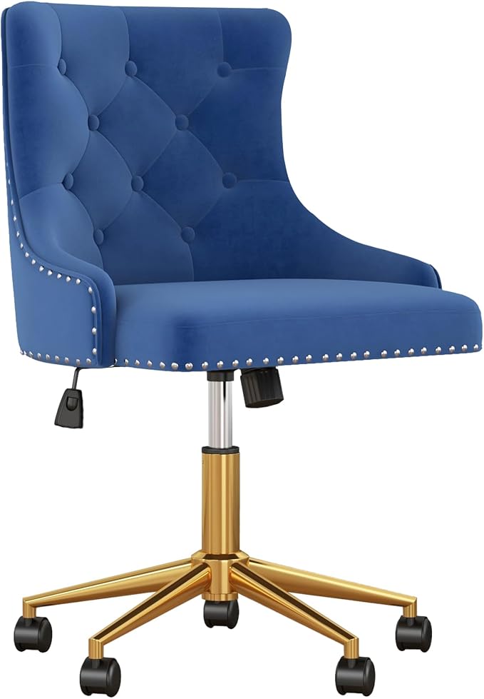 Velvet Armless Home Office Desk Chair, Swivel Height-Adjustable Small Cute Vanity Chair for Women/Girls, Comfy Makeup Chair with Rivet and Gold Base for Living Room, Bedroom(Blue)