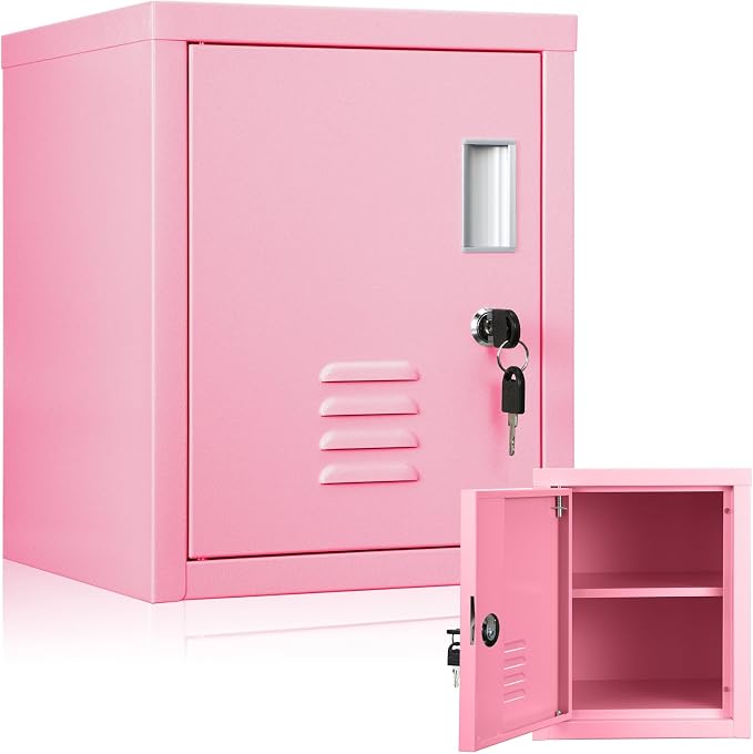 Suzile Lockable Storage Cabinet Metal Lockable Steel Storage Cabinet Organizer Lockers for Employees Vertical Metal Cabinets End Side Table Steel Bedside with Shelf (Pink)