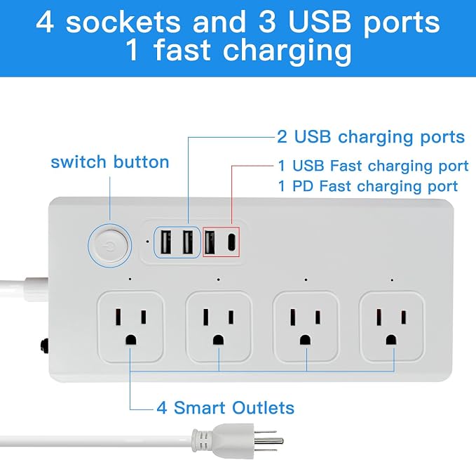 Smart Power Strip WiFi Surge Protector Extension Cord Voice Control Compatible with Alexa Google Assistant, 4 AC Outlets 4 USB Port, Individual Remotely Control, Timer Schedule, No Hub Required