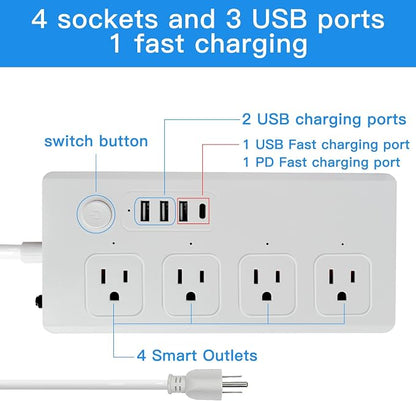 Smart Power Strip WiFi Surge Protector Extension Cord Voice Control Compatible with Alexa Google Assistant, 4 AC Outlets 4 USB Port, Individual Remotely Control, Timer Schedule, No Hub Required