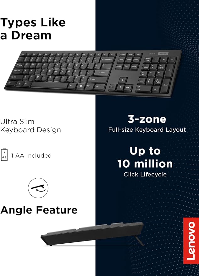 Lenovo 100 Wireless Compact Keyboard Cordless Keyboard for PC & Laptop with Windows Silent Keys Full-Size Layout with Numeric Keypad Plug & Play USB Receiver Portable, Black