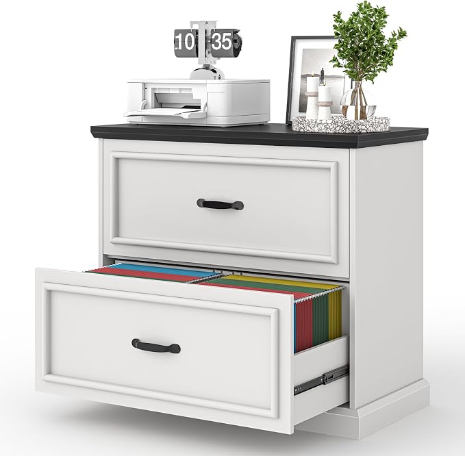 Halitaa 2 Drawer File Cabinet, Farmhouse Lateral Filing Cabinet for Letter/A4/Legal Size Hanging Files, Large Wood File Storage Cabinets Printer Stand for Home Office, White and Black