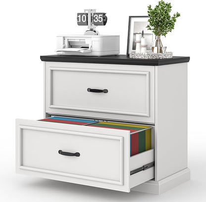 Halitaa 2 Drawer File Cabinet, Farmhouse Lateral Filing Cabinet for Letter/A4/Legal Size Hanging Files, Large Wood File Storage Cabinets Printer Stand for Home Office, White and Black